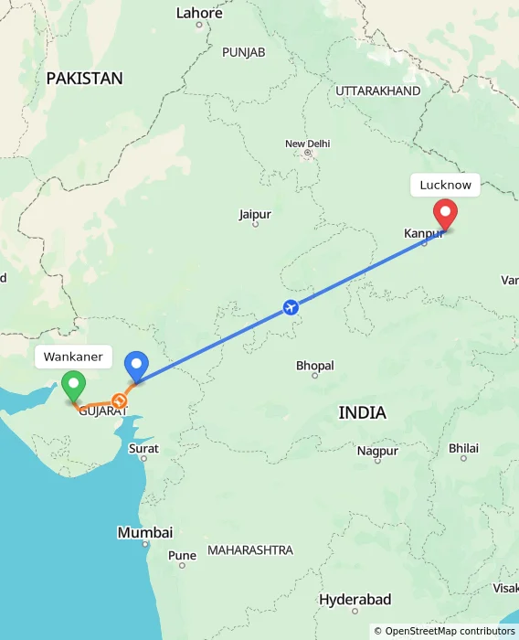 Route map showing distance and travel time from Wankaner, India to Lucknow, India