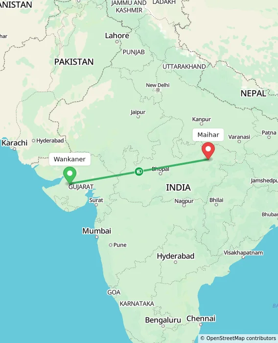 Route map showing distance and travel time from Wankaner, India to Maihar, India