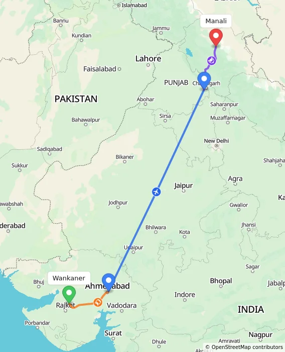 Route map showing distance and travel time from Wankaner, India to Manali, India