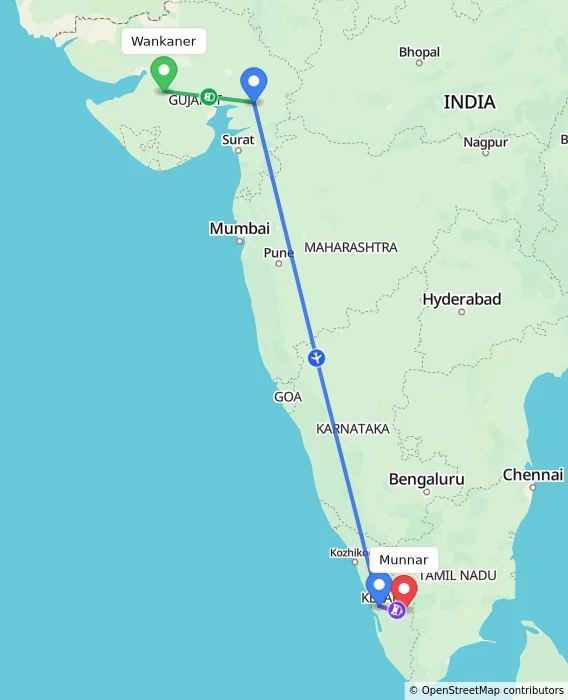 Route map showing distance and travel time from Wankaner, India to Munnar, India