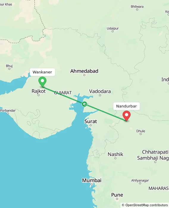Route map showing distance and travel time from Wankaner, India to Nandurbar, India