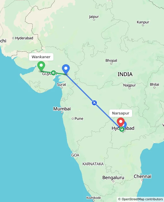 Route map showing distance and travel time from Wankaner, India to Narsapur, India