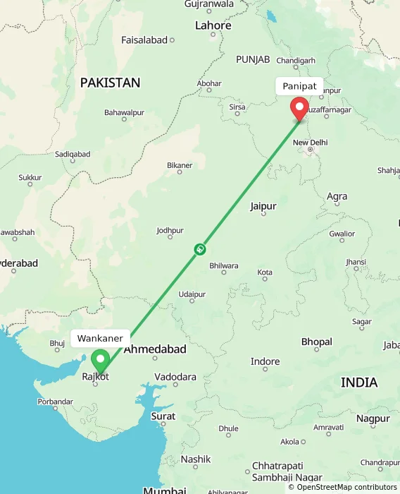 Route map showing distance and travel time from Wankaner, India to Panipat, India