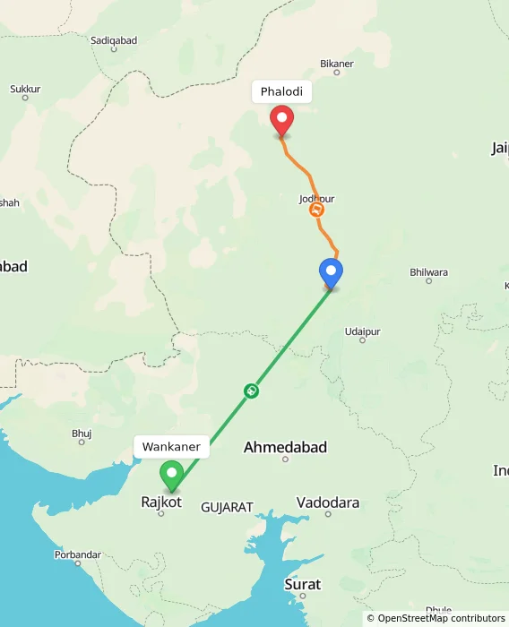 Route map showing distance and travel time from Wankaner, India to Phalodi, India