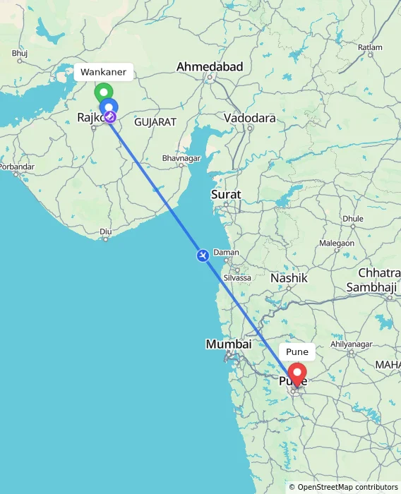 Route map showing distance and travel time from Wankaner, India to Pune, India