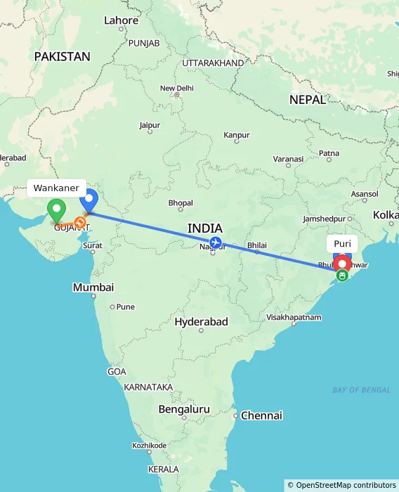 Route map showing distance and travel time from Wankaner, India to Puri, India