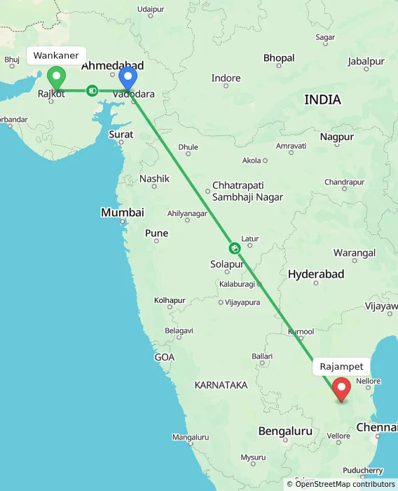 Route map showing distance and travel time from Wankaner, India to Rajampet, India