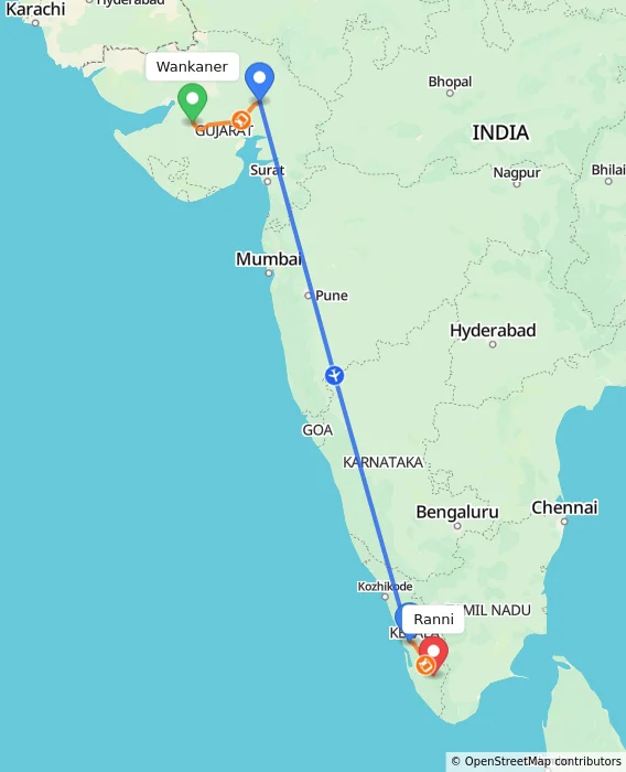 Route map showing distance and travel time from Wankaner, India to Ranni, India