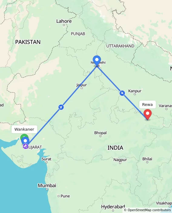 Route map showing distance and travel time from Wankaner, India to Rewa, India