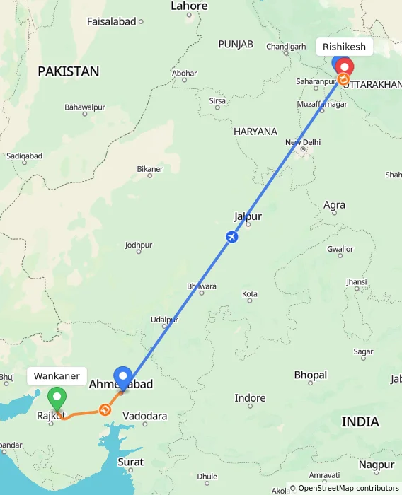 Route map showing distance and travel time from Wankaner, India to Rishikesh, India
