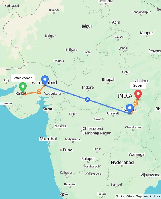 Route map showing distance and travel time from Wankaner, India to Seoni, India