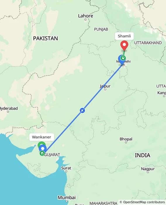 Route map showing distance and travel time from Wankaner, India to Shamli, India