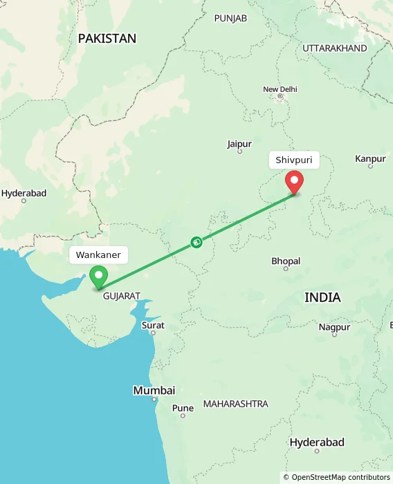 Route map showing distance and travel time from Wankaner, India to Shivpuri, India