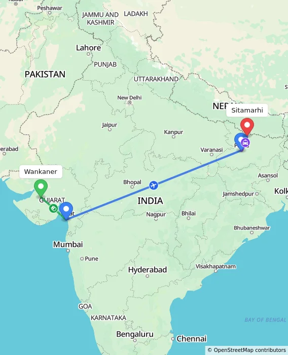 Route map showing distance and travel time from Wankaner, India to Sitamarhi, India