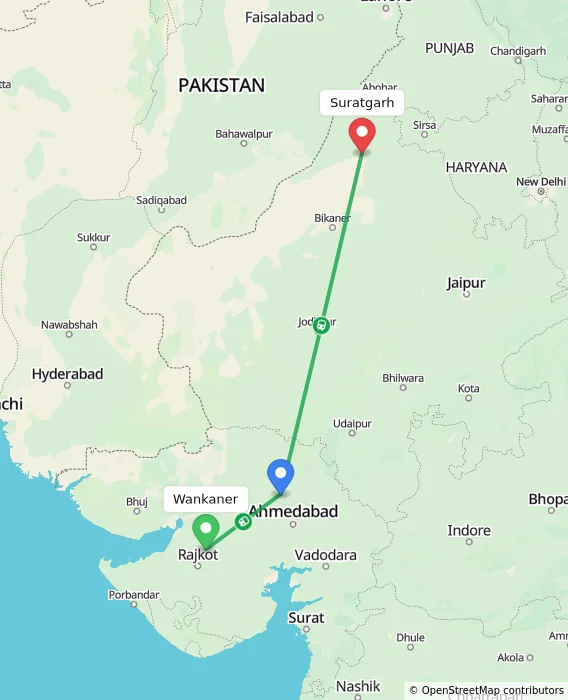Route map showing distance and travel time from Wankaner, India to Suratgarh, India