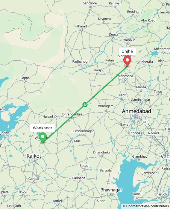 Route map showing distance and travel time from Wankaner, India to Unjha, India