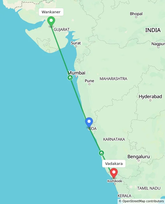 Route map showing distance and travel time from Wankaner, India to Vadakara, India