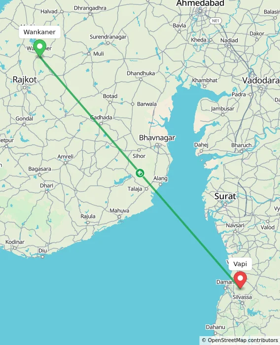 Route map showing distance and travel time from Wankaner, India to Vapi, India