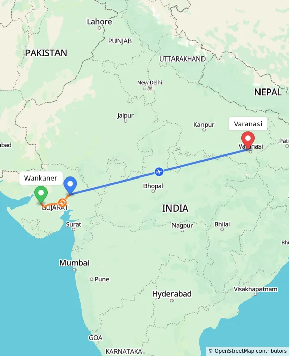 Route map showing distance and travel time from Wankaner, India to Varanasi, India