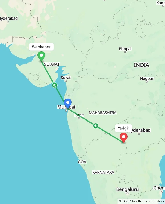 Route map showing distance and travel time from Wankaner, India to Yadgir, India