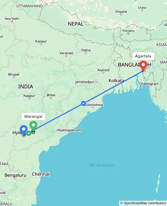 Route map showing distance and travel time from Warangal, India to Agartala, India