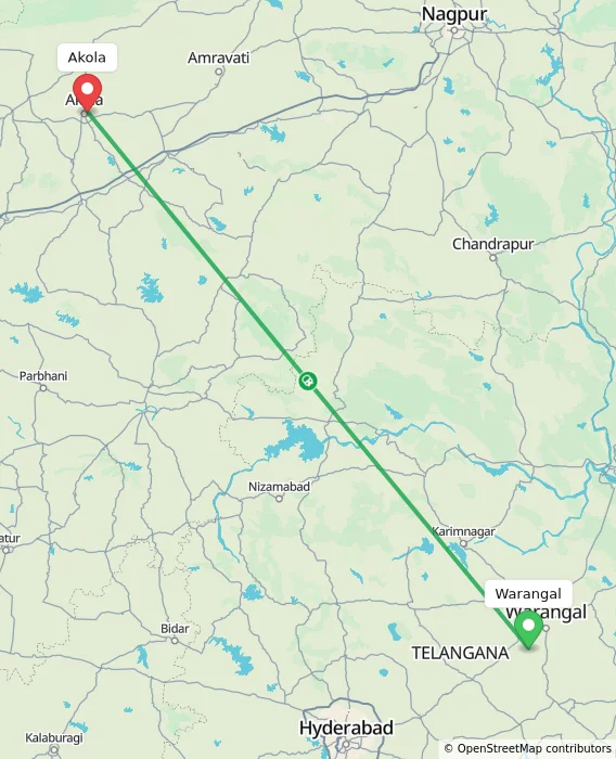 Route map showing distance and travel time from Warangal, India to Akola, India
