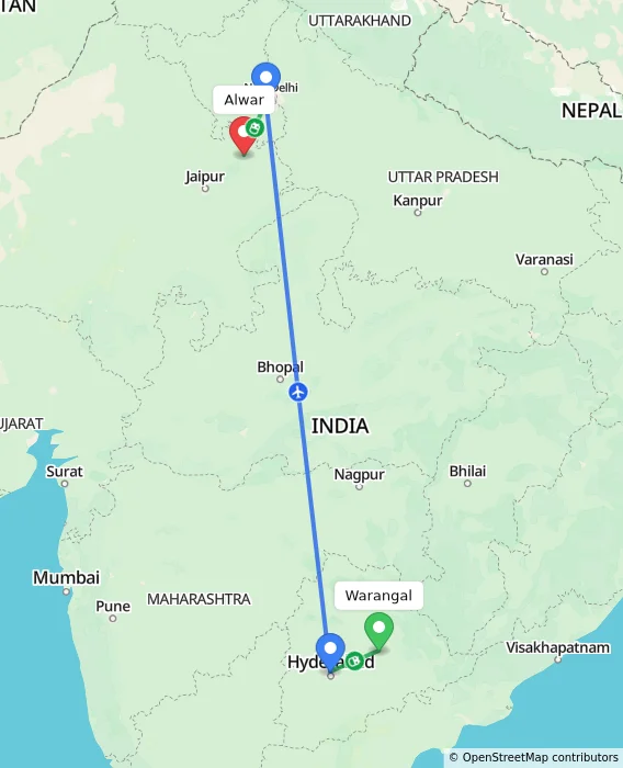 Route map showing distance and travel time from Warangal, India to Alwar, India