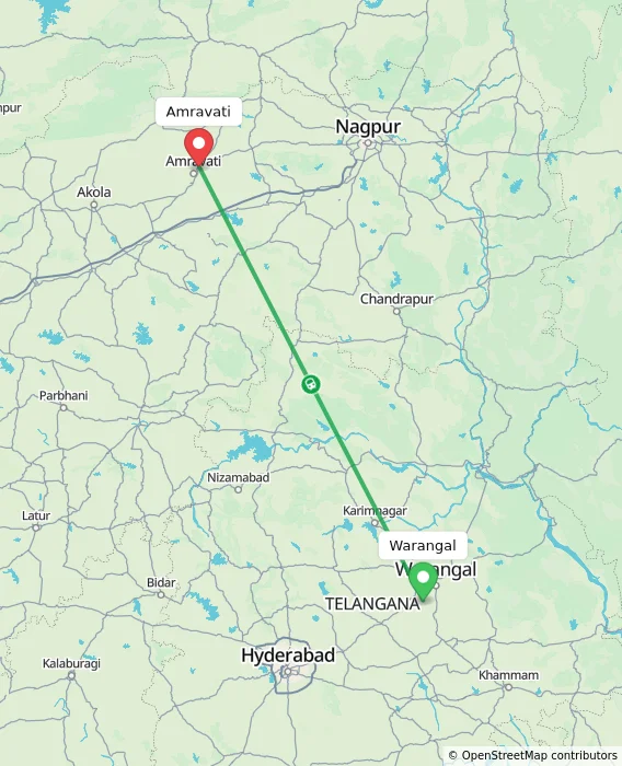 Route map showing distance and travel time from Warangal, India to Amravati, India