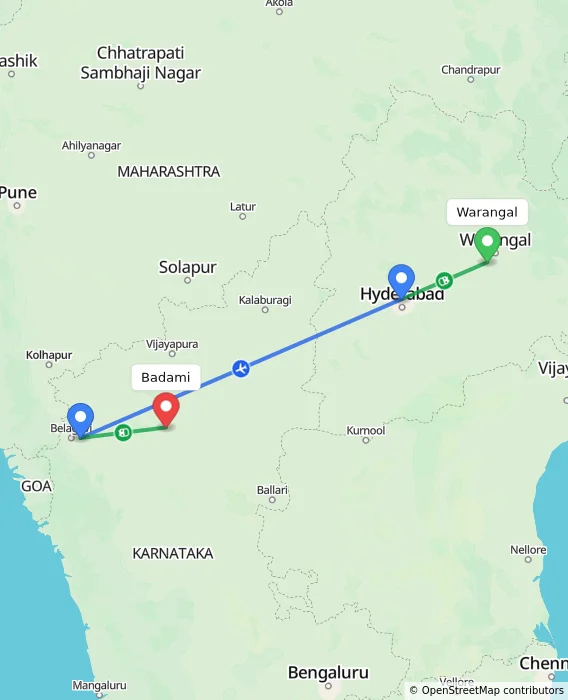 Route map showing distance and travel time from Warangal, India to Badami, India