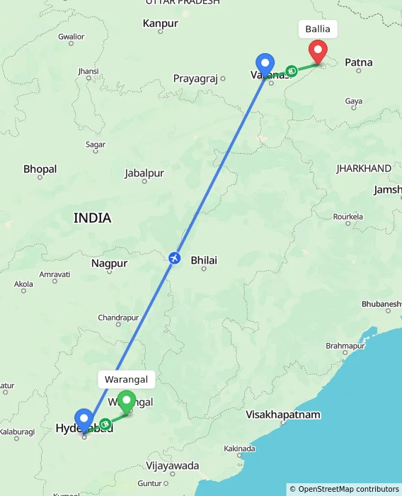 Route map showing distance and travel time from Warangal, India to Ballia, India