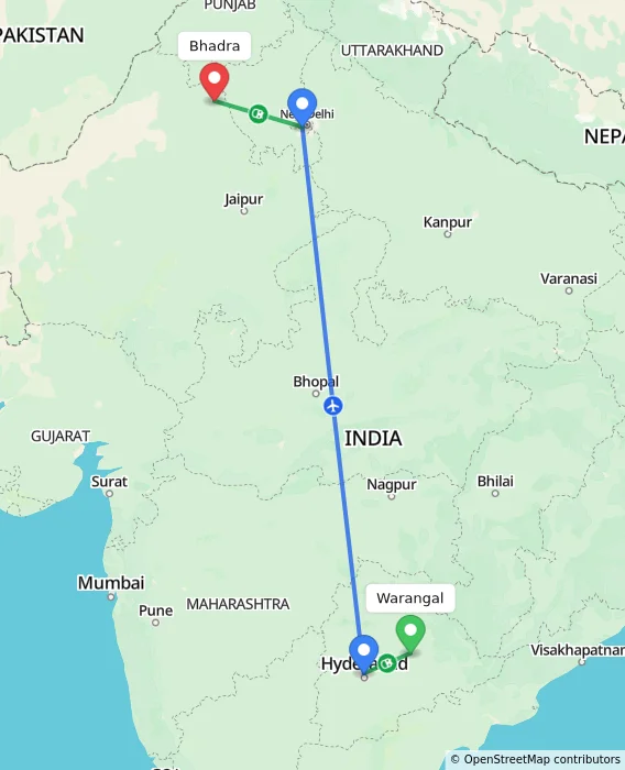 Route map showing distance and travel time from Warangal, India to Bhadra, India
