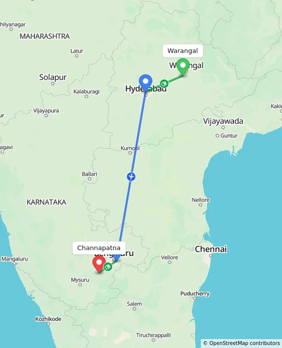 Route map showing distance and travel time from Warangal, India to Channapatna, India