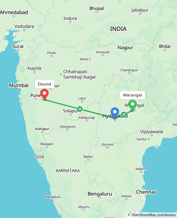 Route map showing distance and travel time from Warangal, India to Daund, India