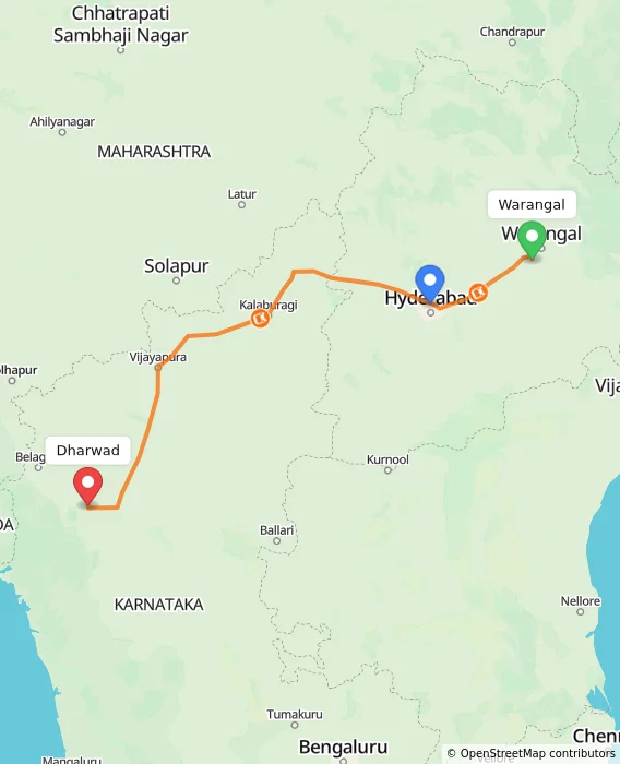 Route map showing distance and travel time from Warangal, India to Dharwad, India
