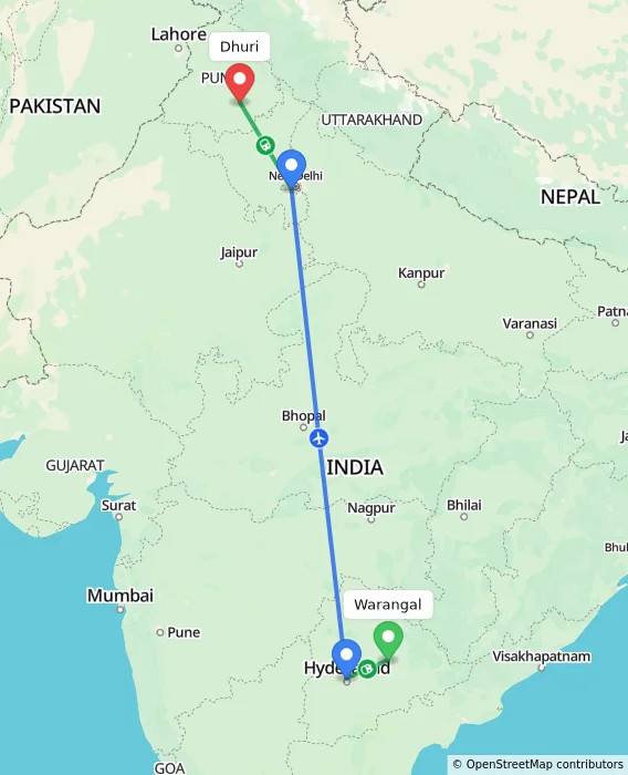Route map showing distance and travel time from Warangal, India to Dhuri, India