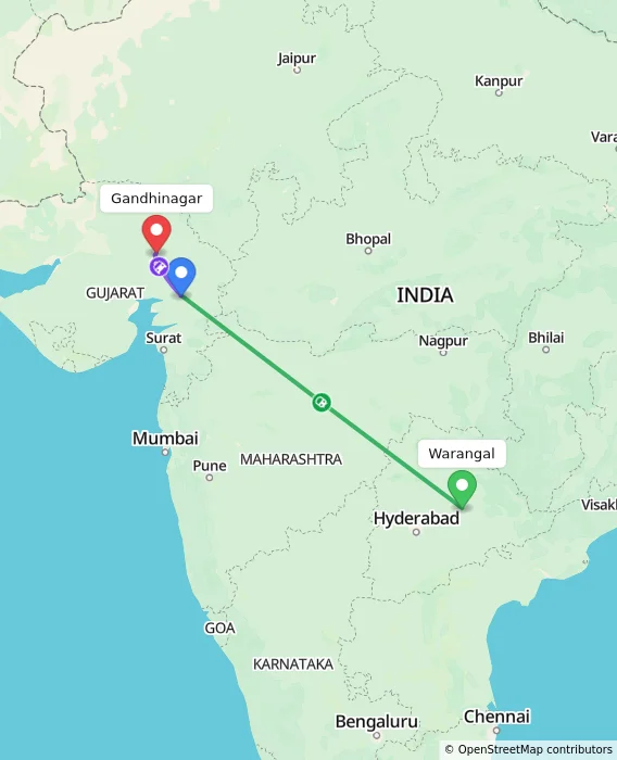 Route map showing distance and travel time from Warangal, India to Gandhinagar, India