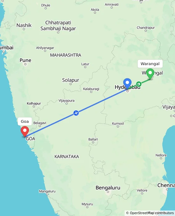 Route map showing distance and travel time from Warangal, India to Goa, India