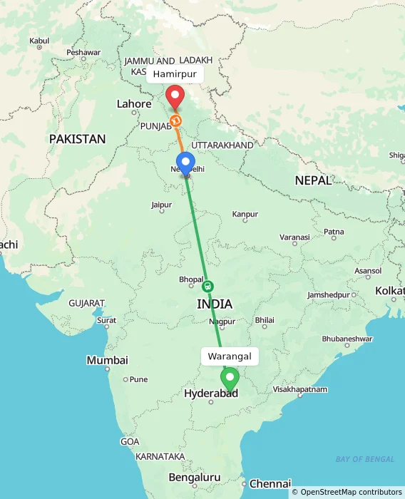 Route map showing distance and travel time from Warangal, India to Hamirpur, India