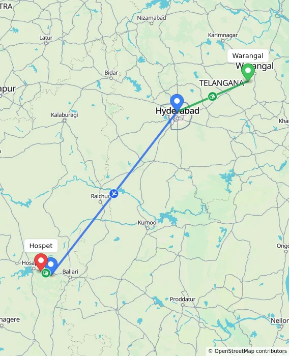 Route map showing distance and travel time from Warangal, India to Hospet, India