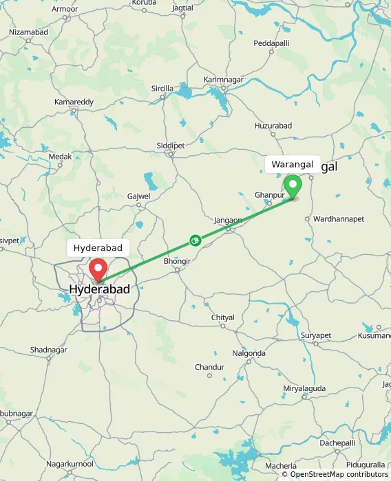 Route map showing distance and travel time from Warangal, India to Hyderabad, India