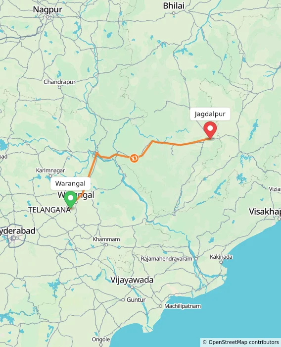 Route map showing distance and travel time from Warangal, India to Jagdalpur, India