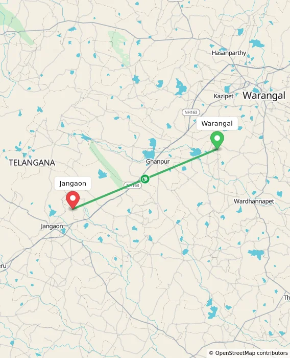 Route map showing distance and travel time from Warangal, India to Jangaon, India