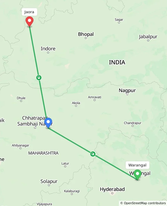 Route map showing distance and travel time from Warangal, India to Jaora, India