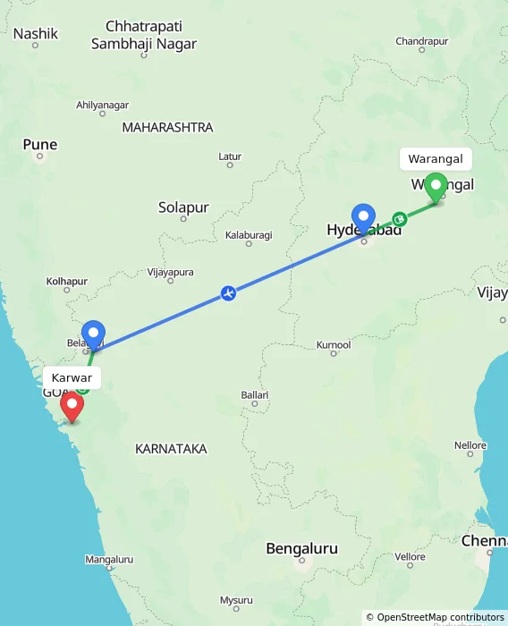 Route map showing distance and travel time from Warangal, India to Karwar, India