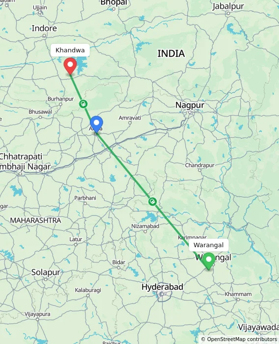 Route map showing distance and travel time from Warangal, India to Khandwa, India