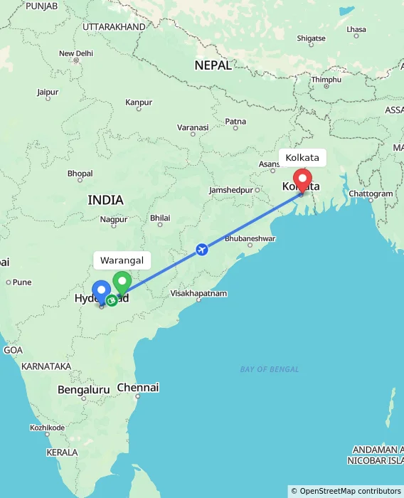 Route map showing distance and travel time from Warangal, India to Kolkata, India