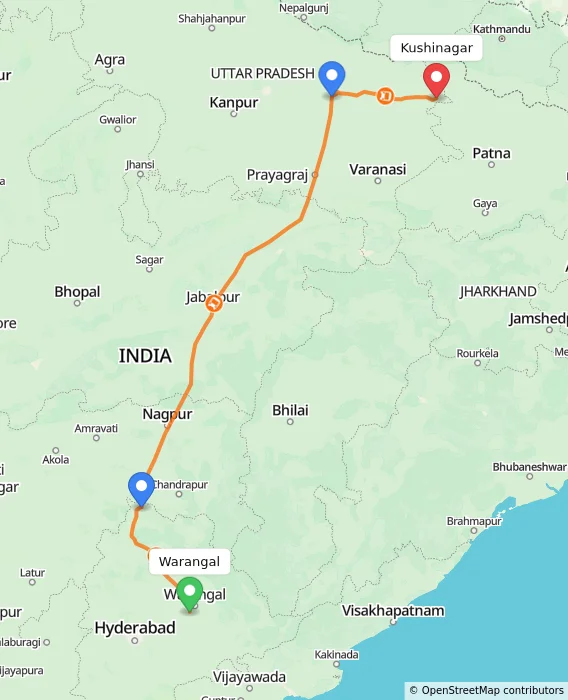 Route map showing distance and travel time from Warangal, India to Kushinagar, India