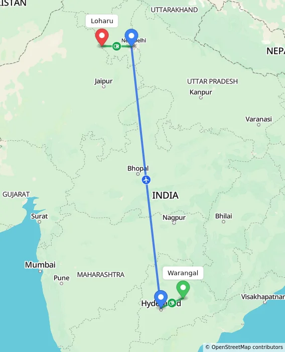 Route map showing distance and travel time from Warangal, India to Loharu, India