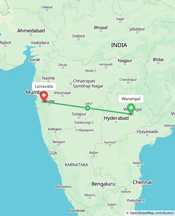 Route map showing distance and travel time from Warangal, India to Lonavala, India