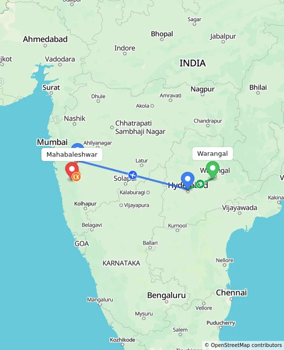 Route map showing distance and travel time from Warangal, India to Mahabaleshwar, India